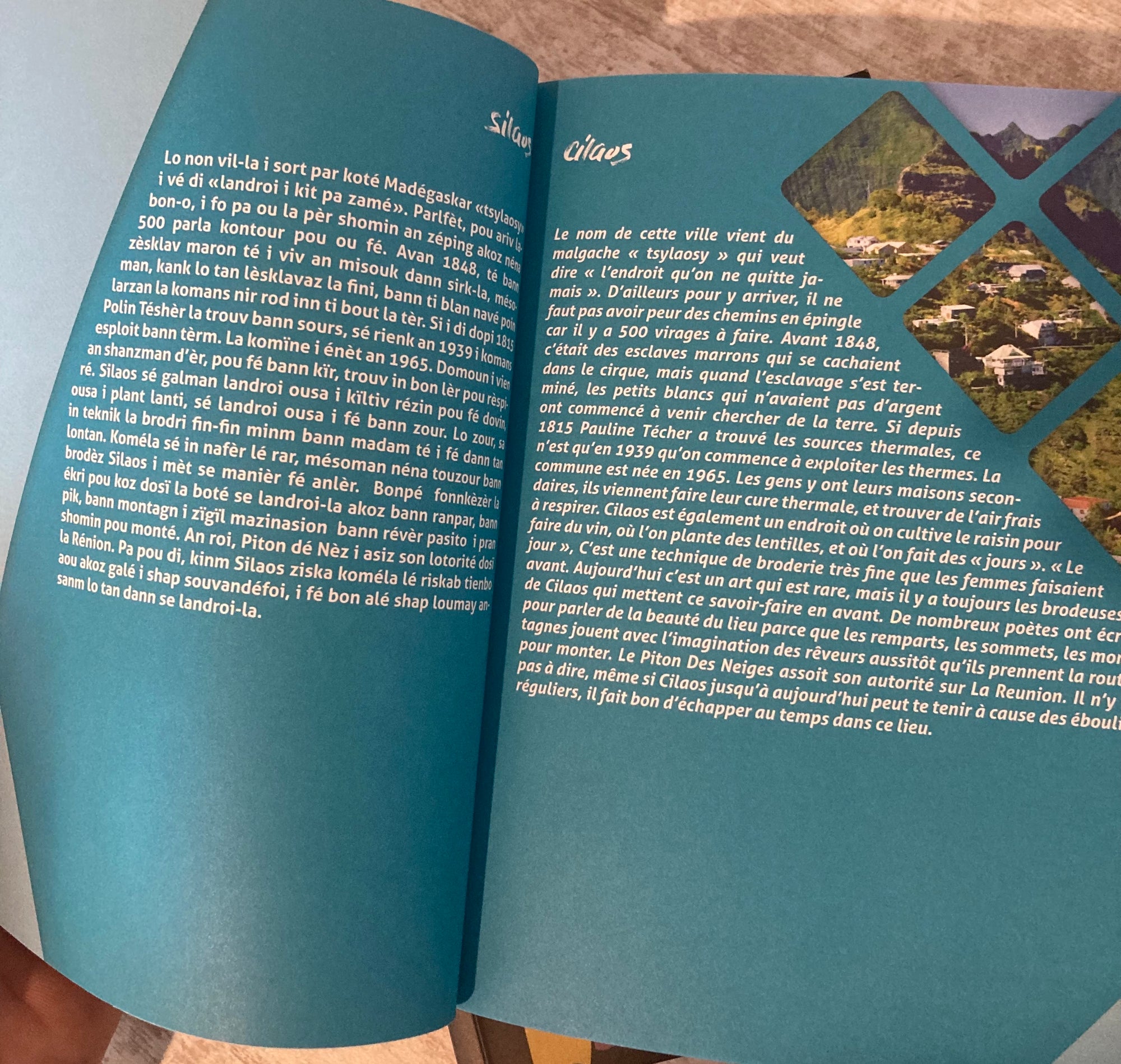 Des textes en créole et en français sur des lieux, des thèmes de la culture, des jeux et des questions pour tester vos connaissances